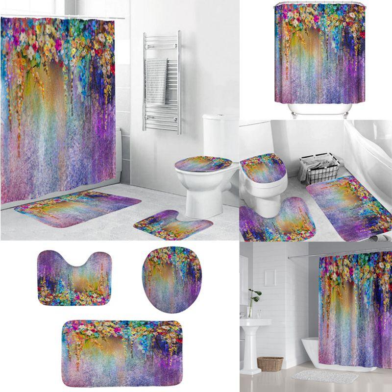 Waterproof Printed 3d Purple Flowers Waterproof Shower Curtains With Set Hooks