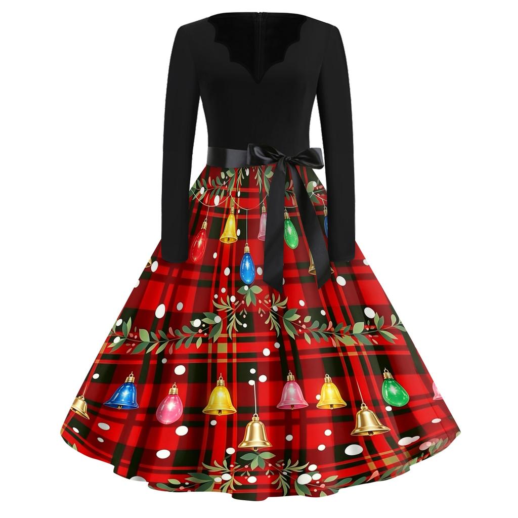 Women's Casual V-Neck Christmas Dress with Snowflake and Tree Print, Retro Vintage Party Dress