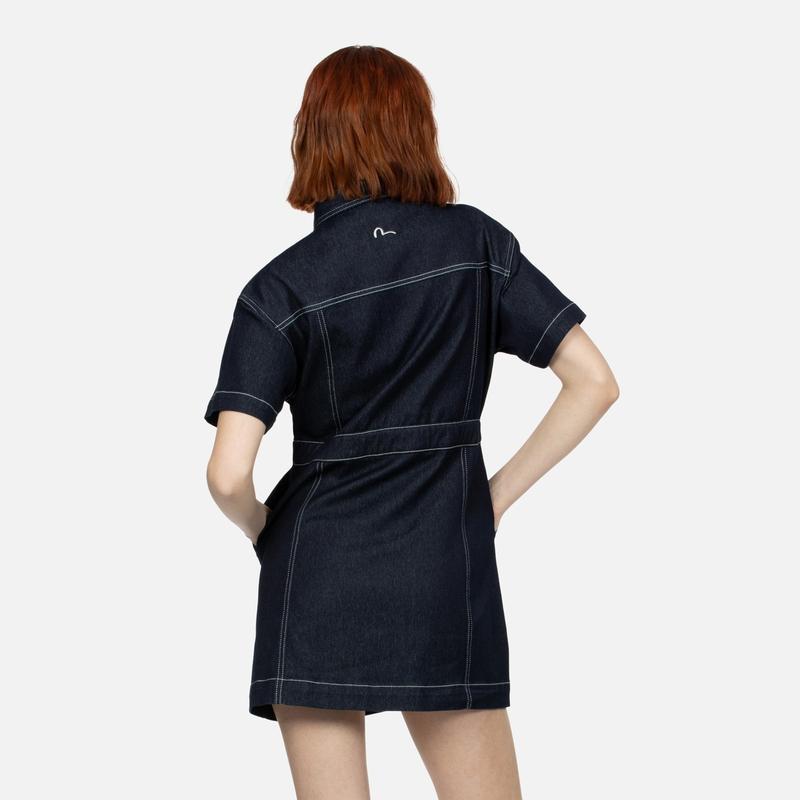 Evisu Small Seagull Embroidered Wide Denim Shirt Dress Women dress Denim-Blue 2ESHTW4DR4102LFDP