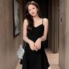 Black dress women's inner cover bottom thin suspender a word short skirt Hepburn small black dress small short skirt summer
