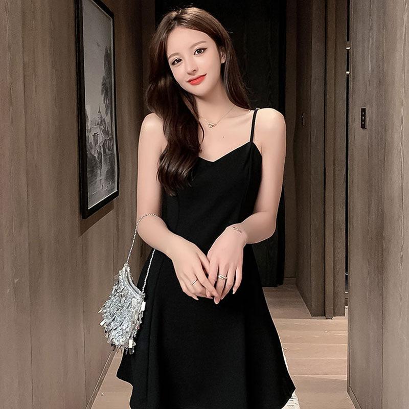 Black dress women's inner cover bottom thin suspender a word short skirt Hepburn small black dress small short skirt summer