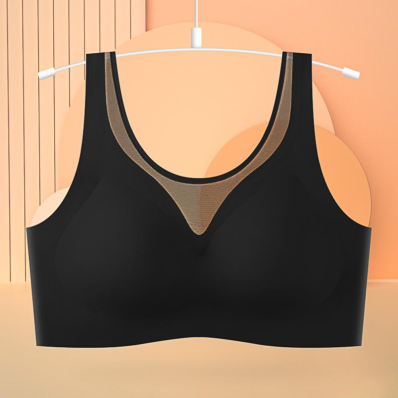 Green Seamless Wireless Bra with Mesh V Neck and Wide Straps L чёрный