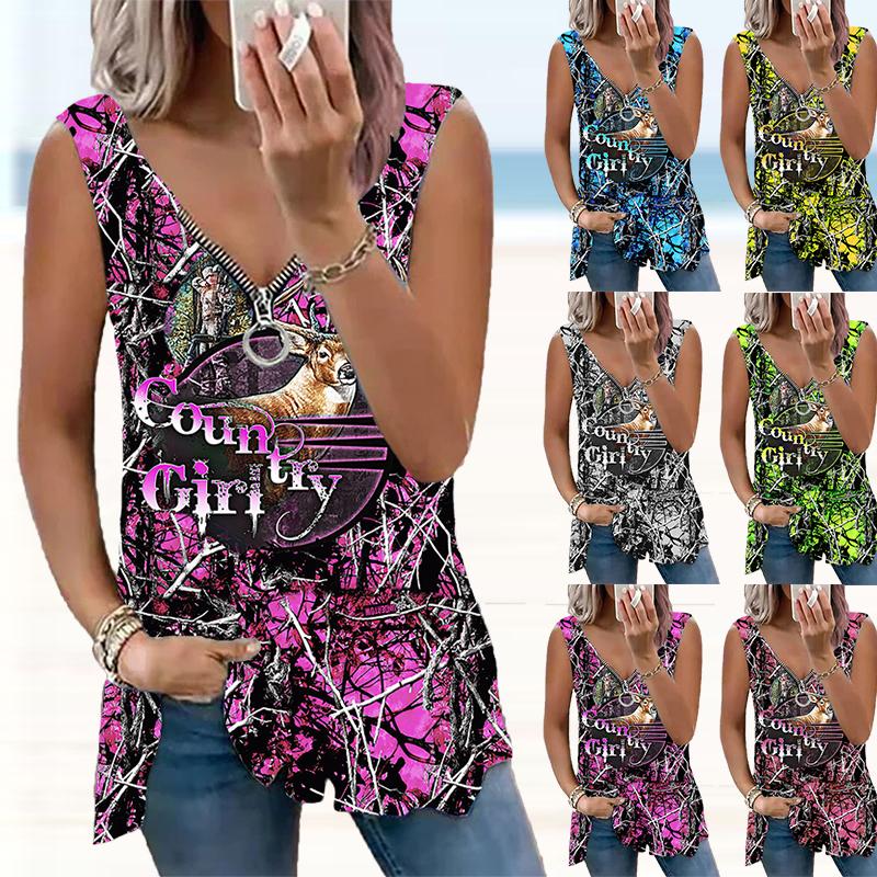 

Женский Топ Лето Новая Мода Ослик Печатный Повседневный Плюс Размер Без Рукавов Молния V-образный вырез Топ Танк Топ