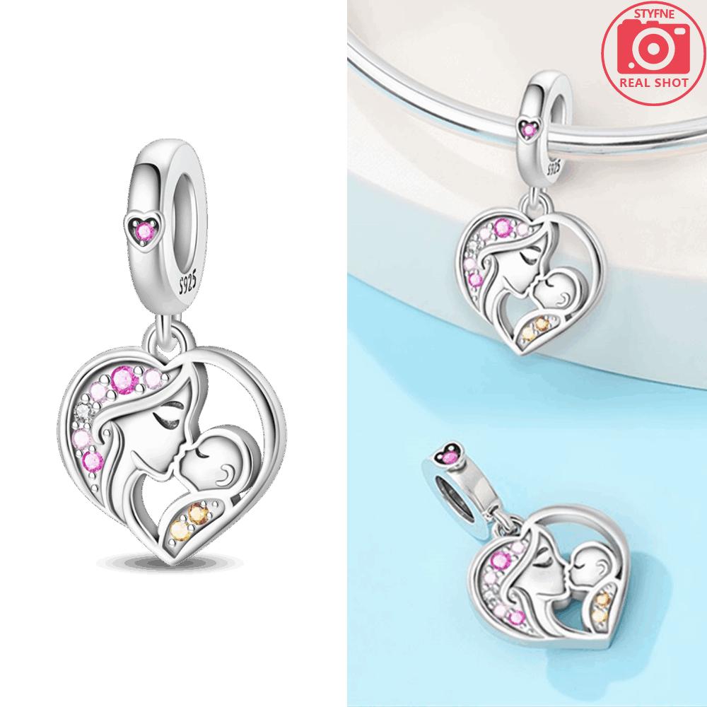 Original Copper Warm Embrace Family Pendant Mother Pink Heart Symbol Beads Fit Bracelet Diy Jewelry Fine Gift Accessory