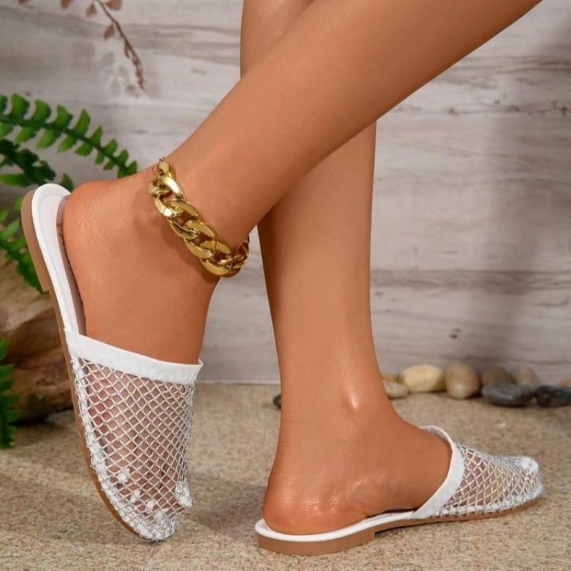 Summer New Round Head Half Slipper Hollow Set with Diamonds Summer Sexy Large Flat Bottom Fashion Slippers