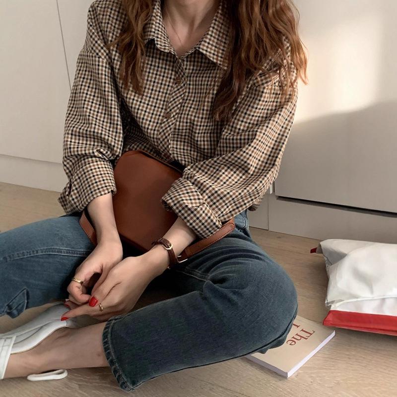 Retro Plaid Women s Coffee Shirt: Versatile Loose Long Sleeve Base Layer for Autumn/Winter S