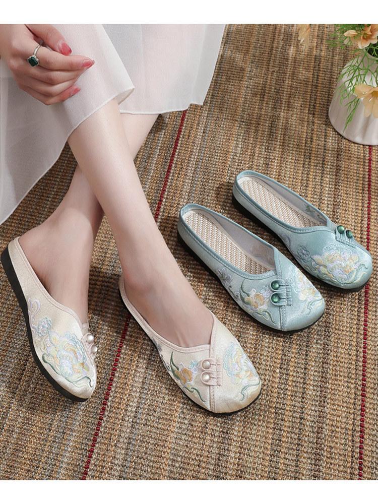 Fashion Shoes Ladies' Slippers Cover Toe Shallow Flat Rubber Floral Fabric Slides Embroider Retro Round Shoes Woman 2025 Shallow Cover T