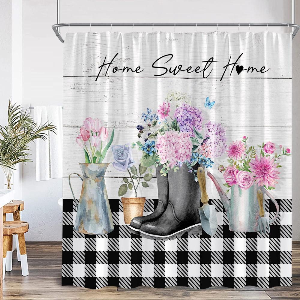 

Farmhouse Floral Shower Curtain Flower Plant Farm Countryside Bathroom Decoration Plant Rustic Polyester Bath Curtain With Hook W60H190(CM)-1 Pcs