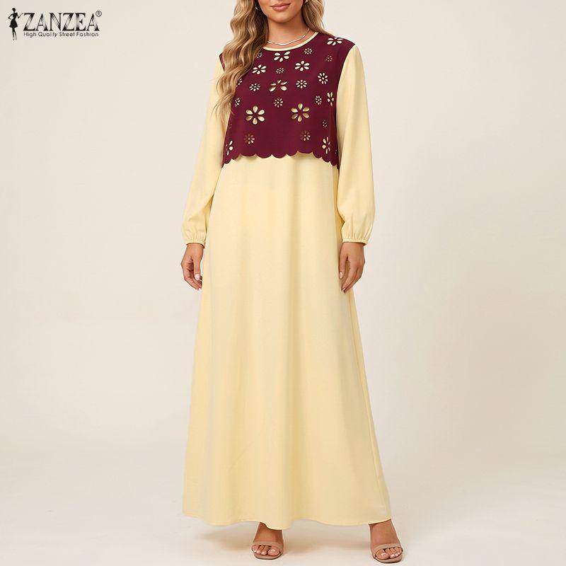 ZANZEA Women Hollow Splice Loose Casual Round Neck Long Sleeve Vintage Dress