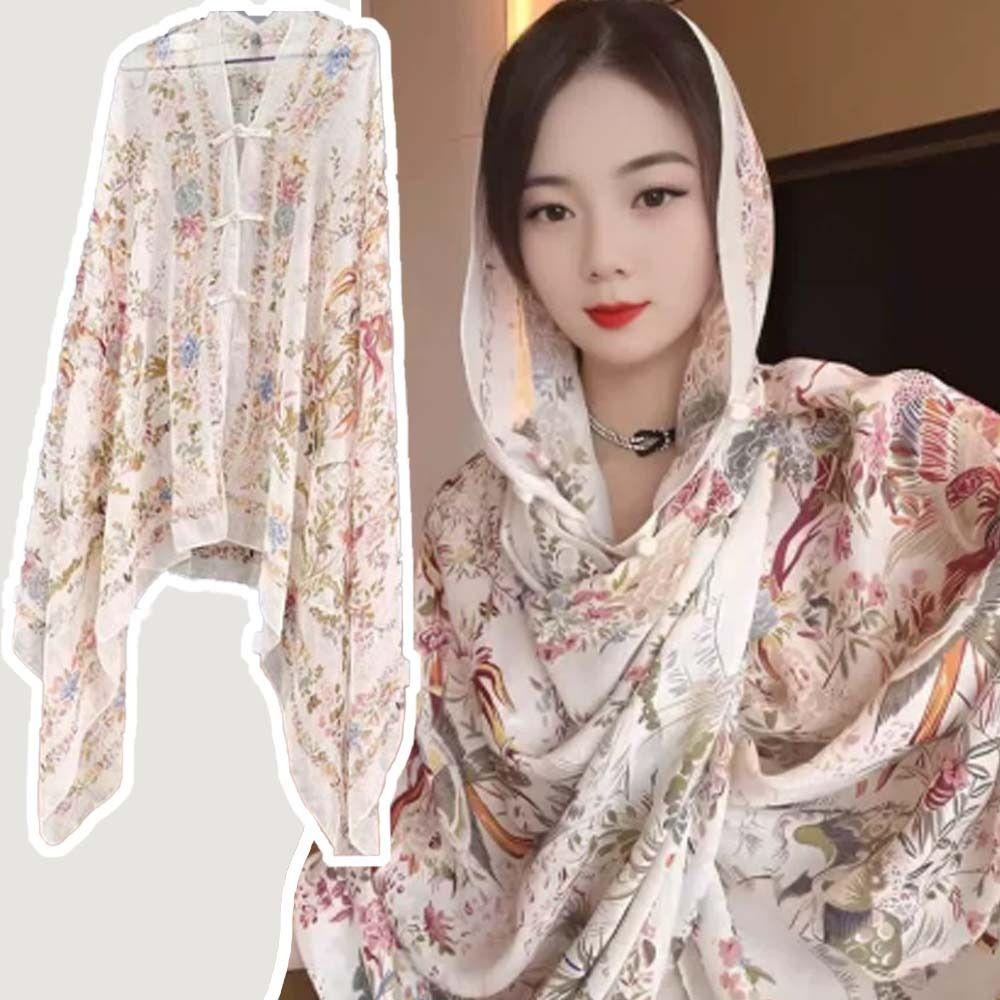 Breathable Thin Large Shawl Frog Button Sunscreen Headscarf Women Floral Scarf  Neck Decoration