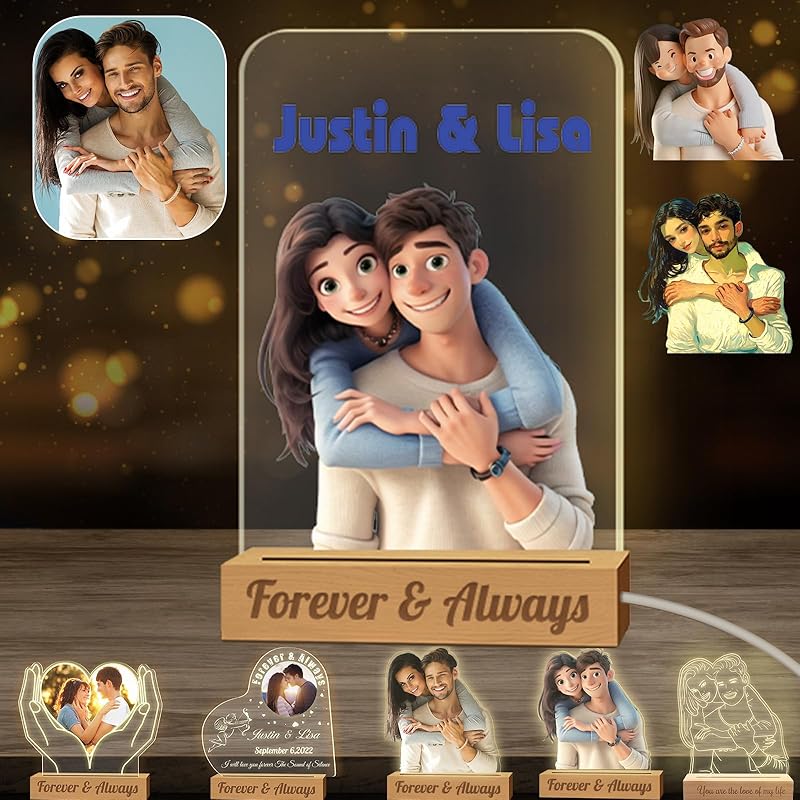 Personalized Night Light Custom Light Up Picture Frame Acrylic Custom Cartoon Style 3D Acrylic Lamp with Photo Text Engraved Customized Photo Gifts