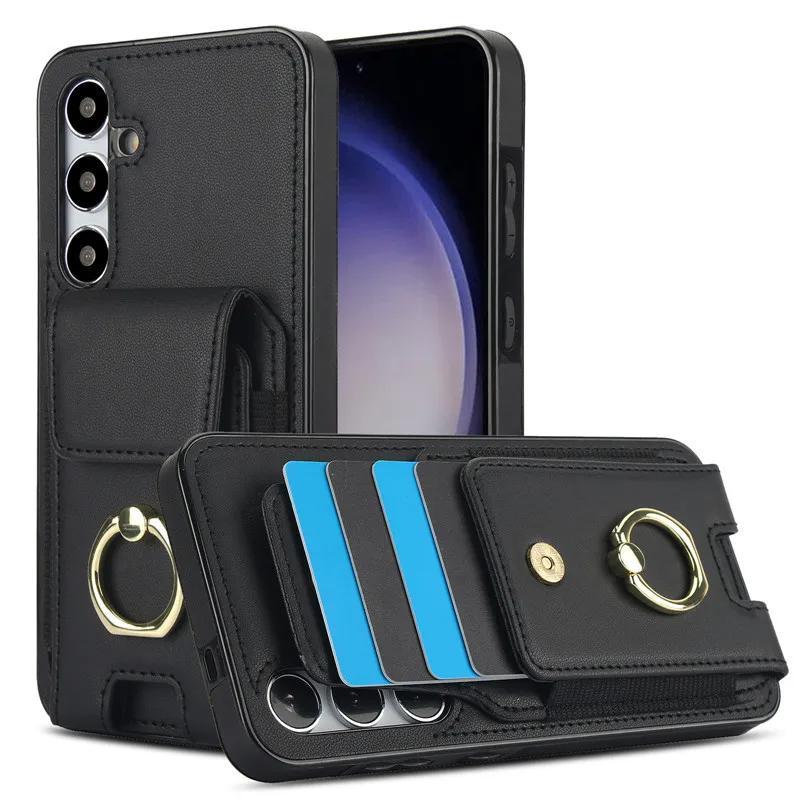 Ring Leather Wallet Card Phone Case for Samsung Galaxy S25 Edge S24 Ultra S23 Plus S22 S21 FE Note 20 10 Flip Stand Cover