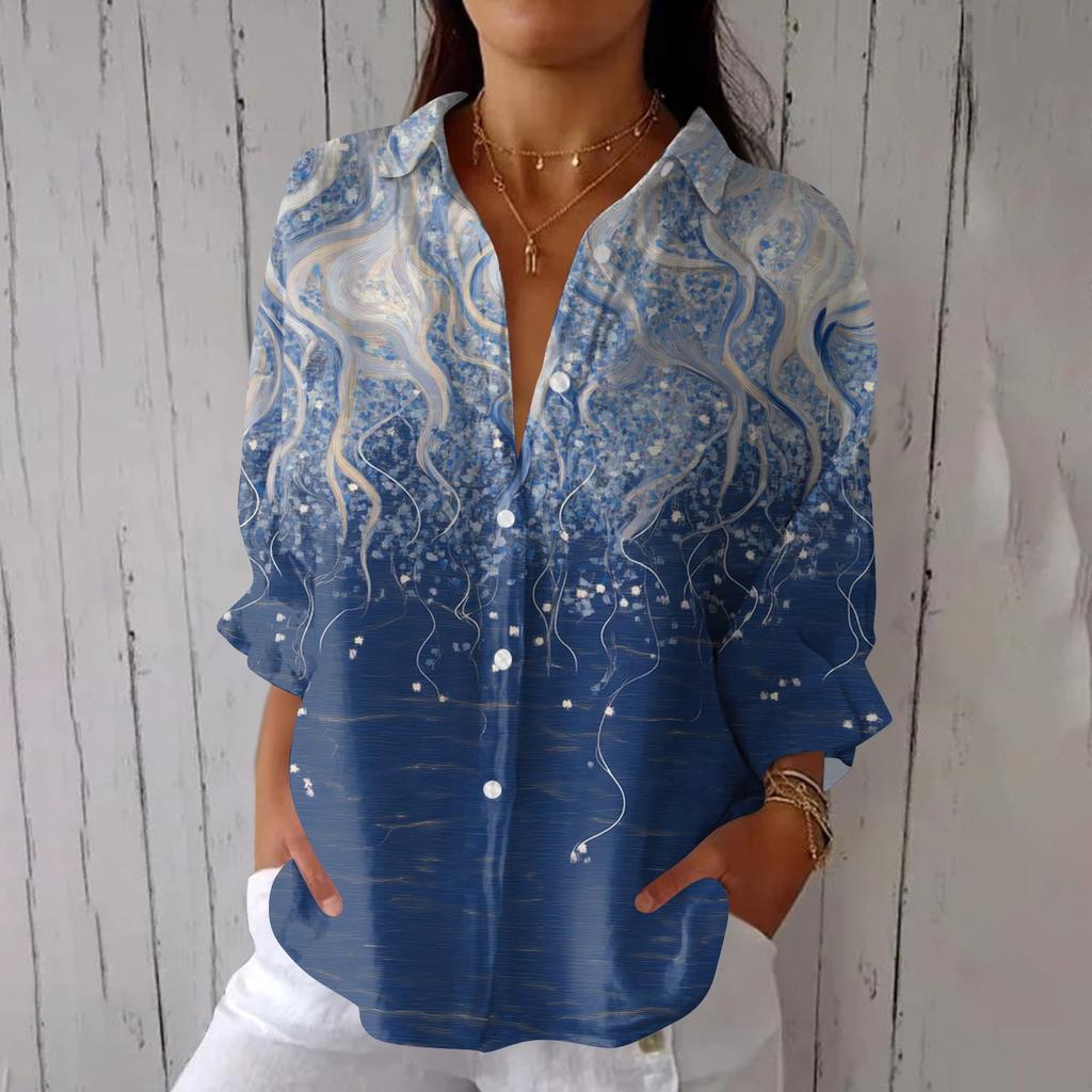 Women's Fashion Seven Sleeve Casual Lapel Back Tie Shirt Printed T-Shirt Top