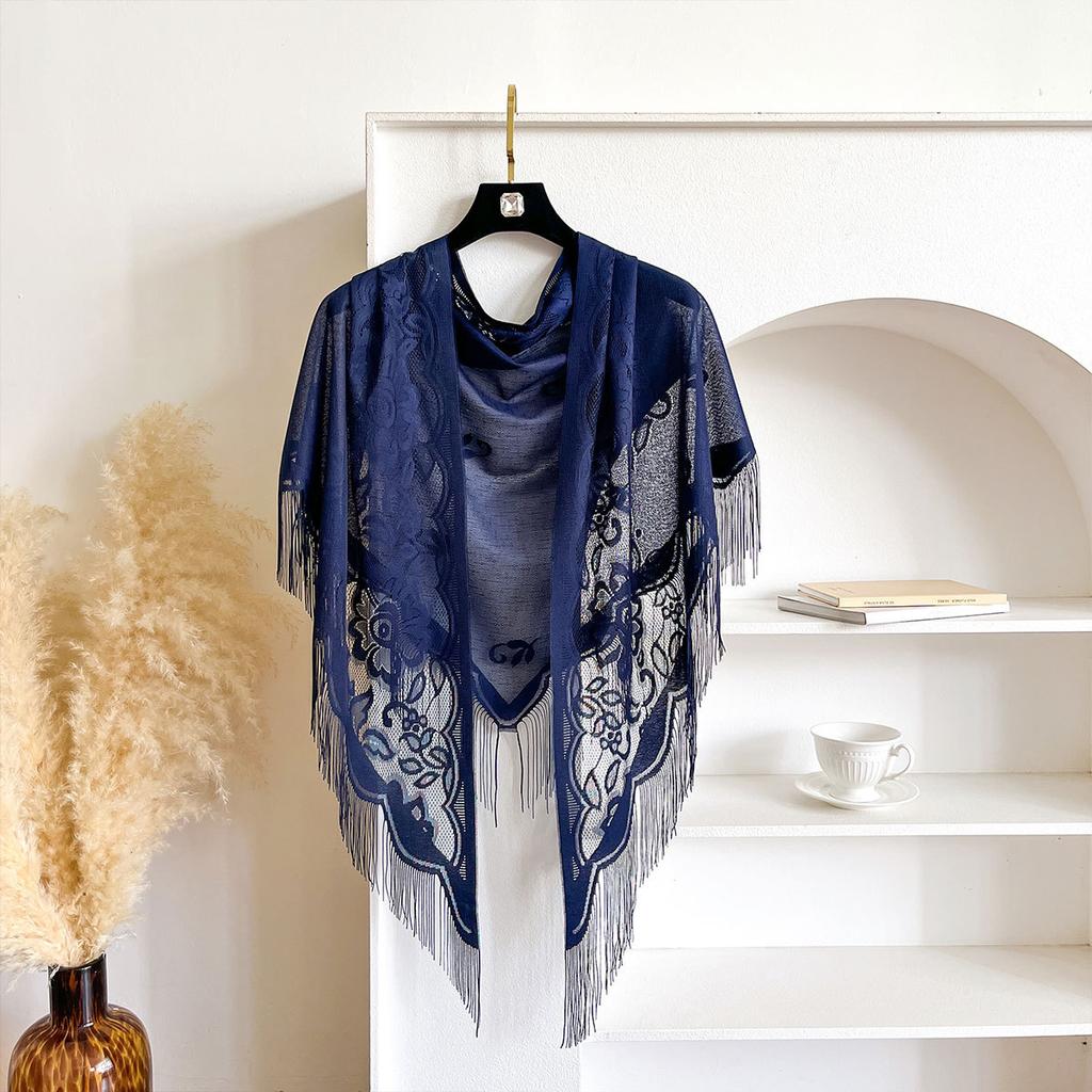 Solid Color Velvet Triangle Scarf Lace Hollow Out Fringe Shawl Breathable Fashion Wrap Cover‑Up Women