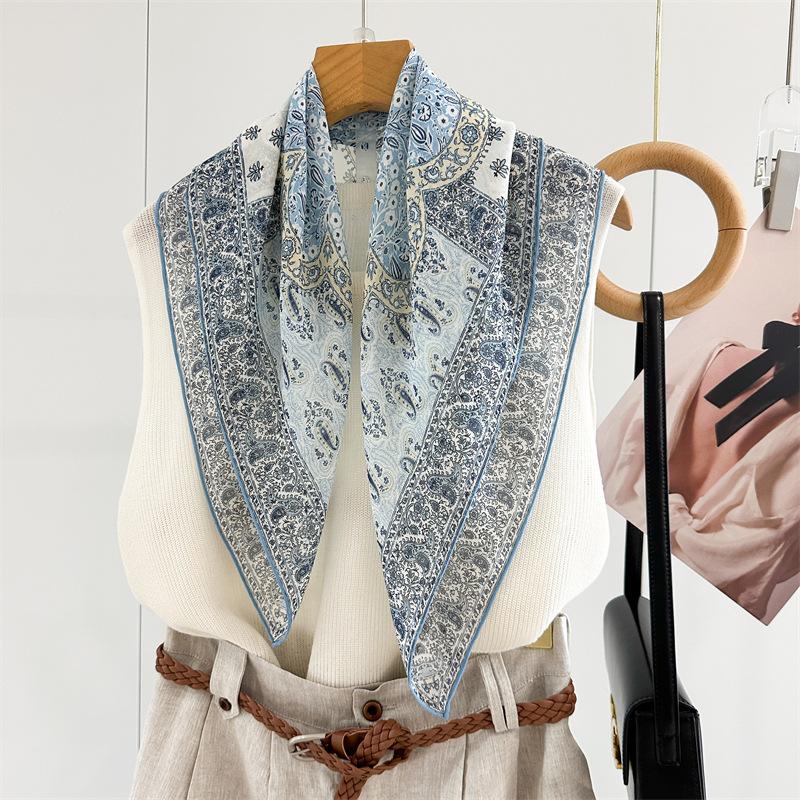 111 mulberry silk georgette square scarf handmade curled light blue cashew print silk scarf women's spring and summer thin breathable collar