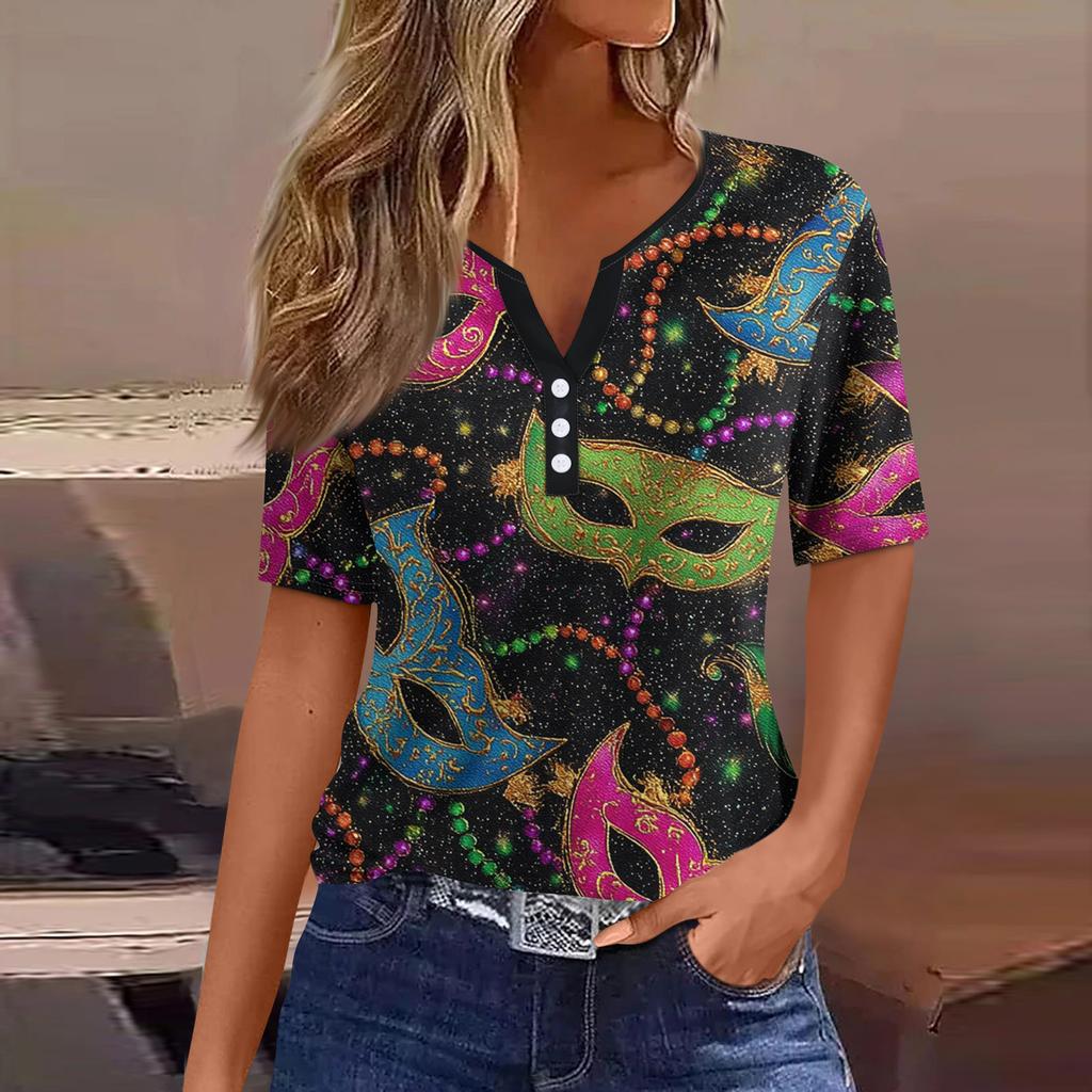 Damen-T-Shirt, T-Shirt, bedruckt, Knopfleiste, kurzärmelig, für den Alltag, Wochenende, modisch, Basic, V-Ausschnitt, normales Oberteil