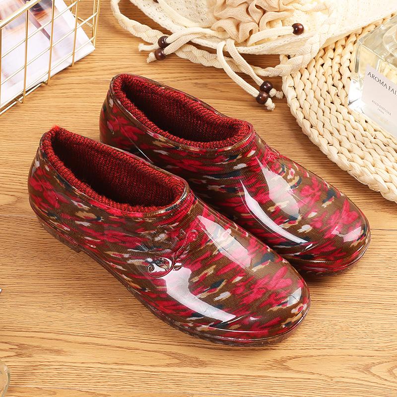 Water Shoes Low-top Shallow Rain Shoes Women's and Women's Rubber Shoes Non-slip Low Tube Plus Fixed Cotton Lint Rain Boots