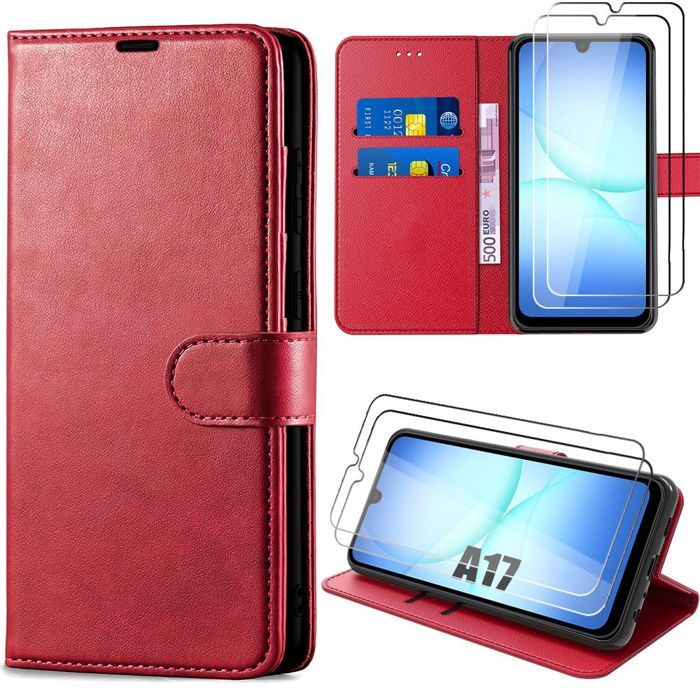 Coque de Téléphone - BOOLING - Samsung Galaxy A17 4G/5G - Effet Cuir Antichoc Rouge - 2 Verre Trempé