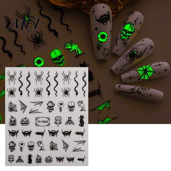 Ghost Manicure Decal 6 Sheets Halloween Glow-in-the-dark Nail Sticker, Spooky Pumpkin Skull Party Art Decor Decal, DIY Decoration Favors for