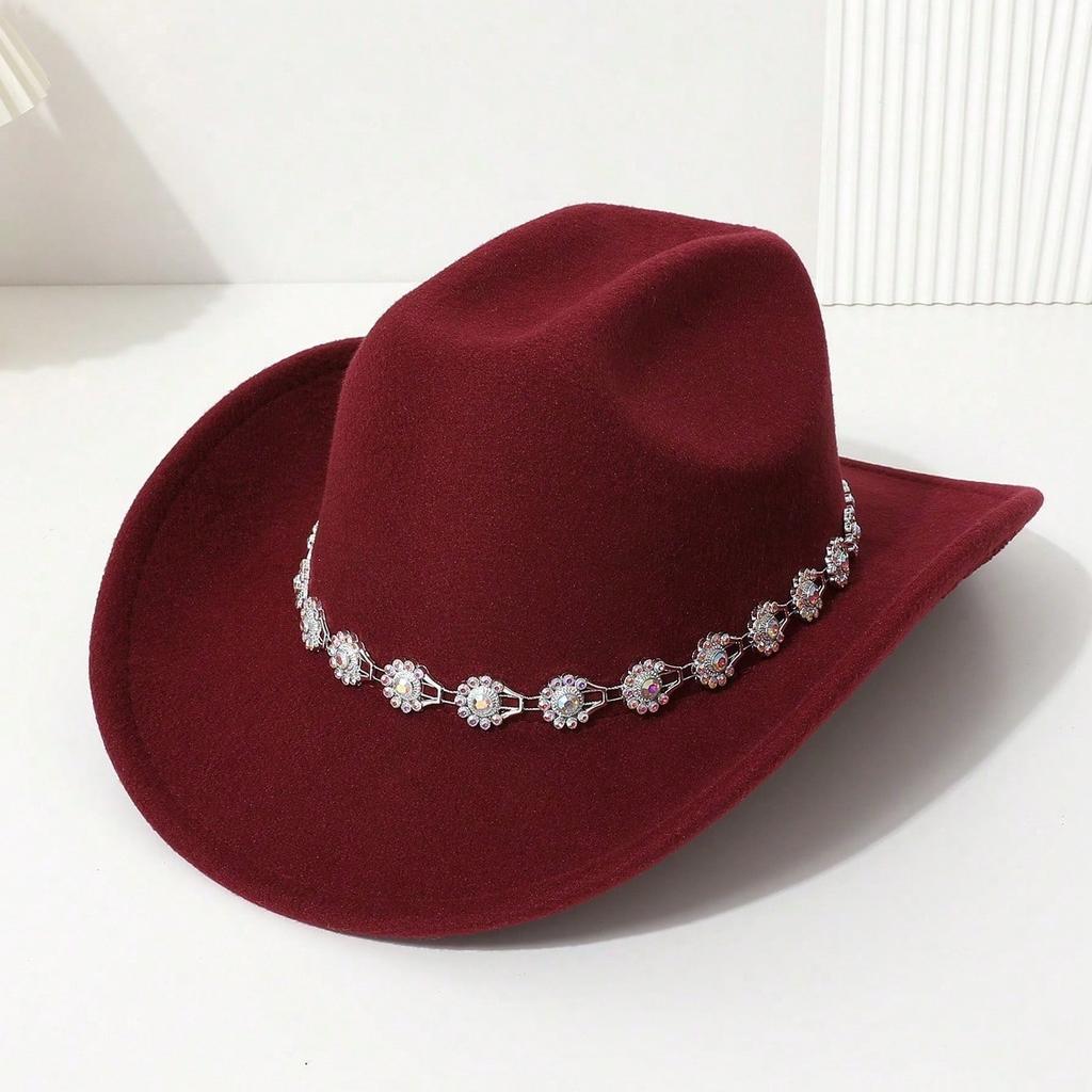 Western cowboy top hat three-dimensional colored gemstone flower small round bead inlaid felt hat outing party jazz hat
