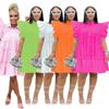 Women's Polo Collar Short Sleeve Loose Fit High Waist Sweet Mini Dress Shirt Dress Solid Cotton Ruffle Tiered Puff Sleeve Summer Casual Flared Dress