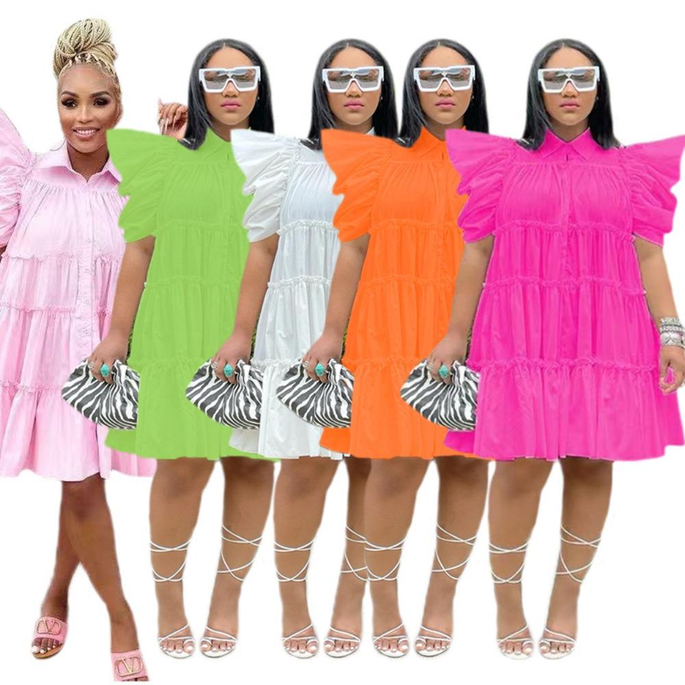 Women's Polo Collar Short Sleeve Loose Fit High Waist Sweet Mini Dress Shirt Dress Solid Cotton Ruffle Tiered Puff Sleeve Summer Casual Flared Dress
