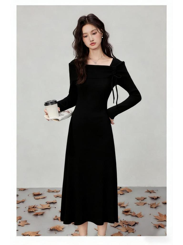 Korean Style Autumn Winter Knit Cinched Waist Slimming Long Dress for Ladies