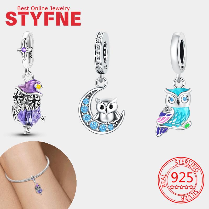 Orginal Charms Copper Purple Owl Fluorescent Beads Blue Zircon Moon Pendant Fit Bracelet Women Jewelry Making Fine Gift