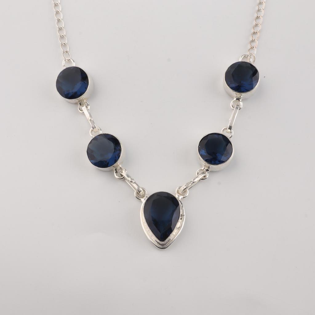 London Blue Topaz Gemstone Silver Necklace 16-8" 925 Sterling Silver Handmade Jewelry For Wedding Gift RN-3-16