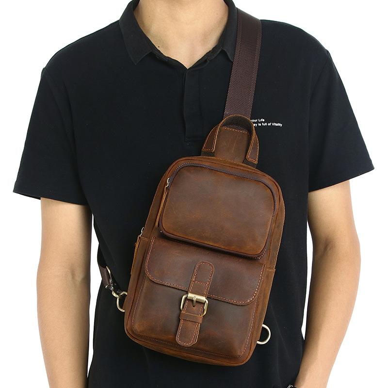 Genuine Leather Chest Bag, Retro Crossbody Bag, Cowhide Men's Front Crossbody Bag