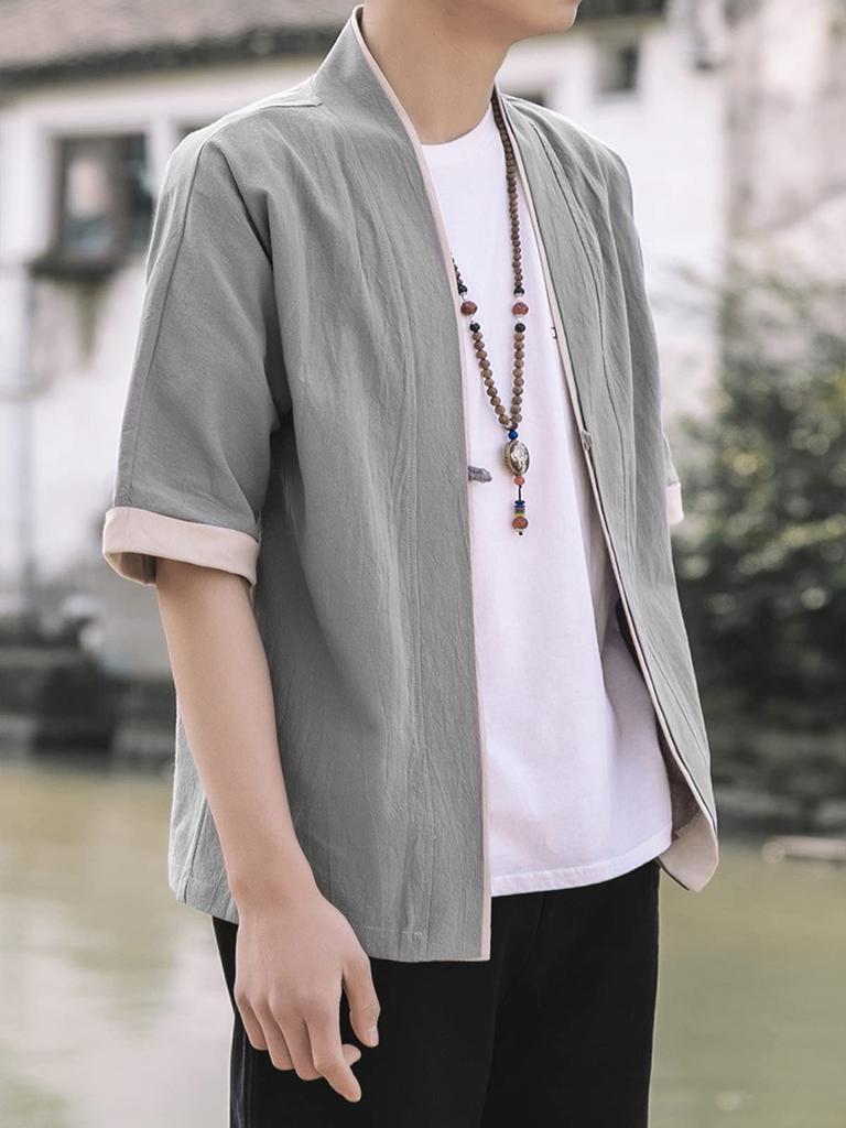 YF Men's Jinbei Cardigan Shirt Top, Haori (Cotton Jacket), Loose Fit, Plus Sizes, Japanese Style, Workwear, Samue, Short Sleeve, 5/8 Sleeve, Solid Col