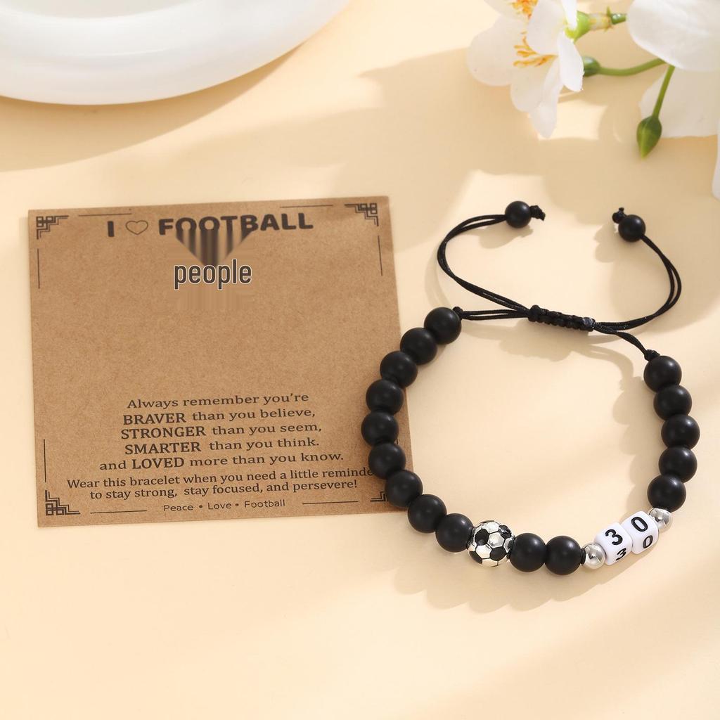Men's Adjustable Black Matte Stone Beaded Bracelet - Football Number Birthday Gift
