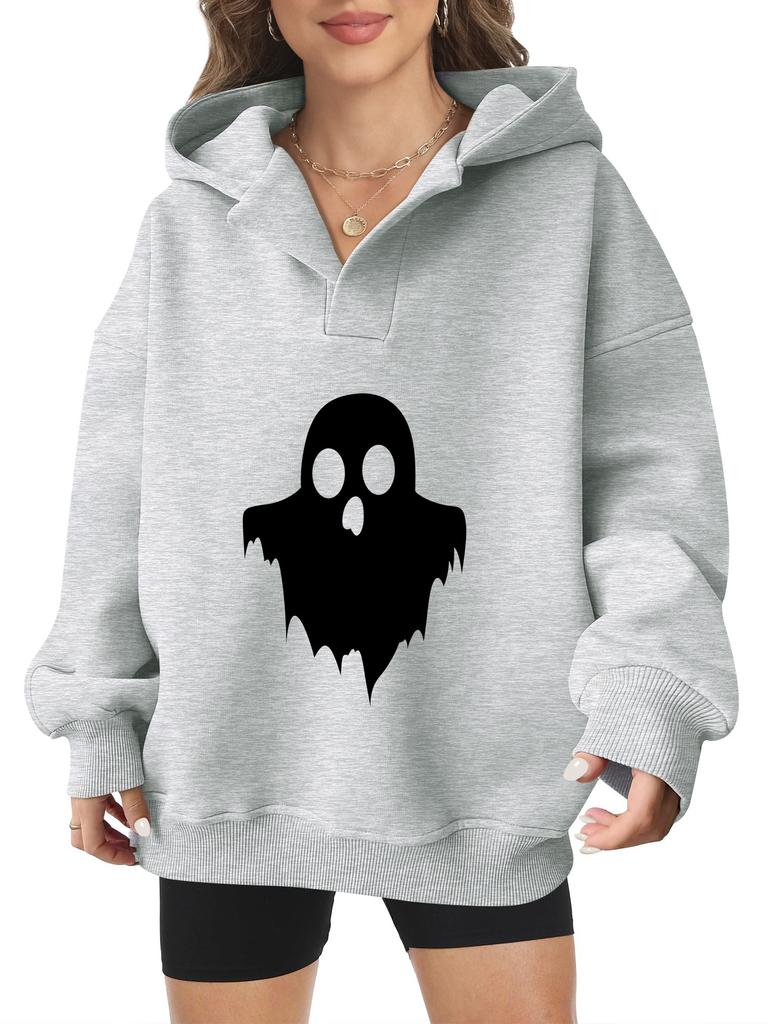 2025 new European and American Halloween women's hooded sweater front and rear pattern winter fleece loose casual