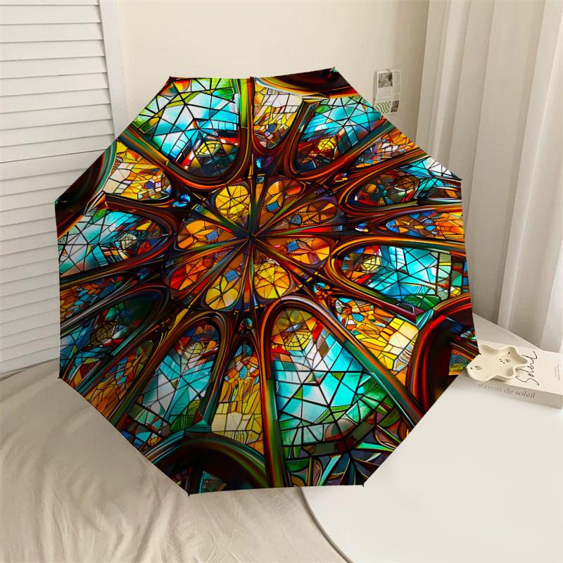 

1PC Stained Glass CathedralAutomatic Open/Close Umbrella with Windproof, 8-Rib Sturdy Canopy, Durable Ribs, Fashionable Design1215A