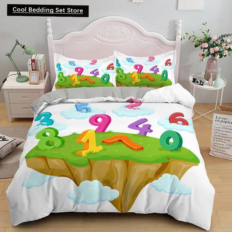Comforter Cartoon Numbers King Queen Lovely Animals Bedding Set Kids Colorful English Alphabet 2/3Pcs Polyester