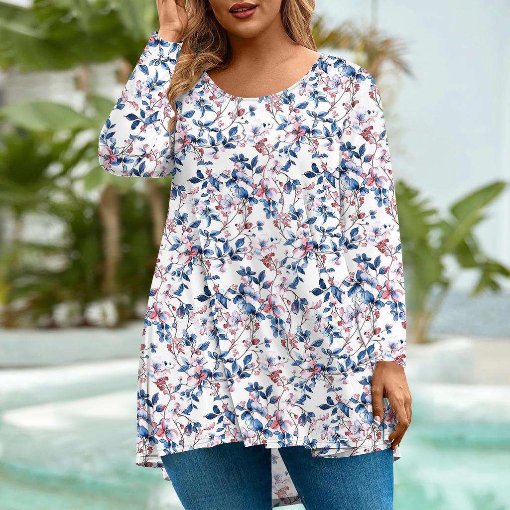 Women's Fashion Large Size Round Neck Long Sleeve Casual Print Loose Pullover Top