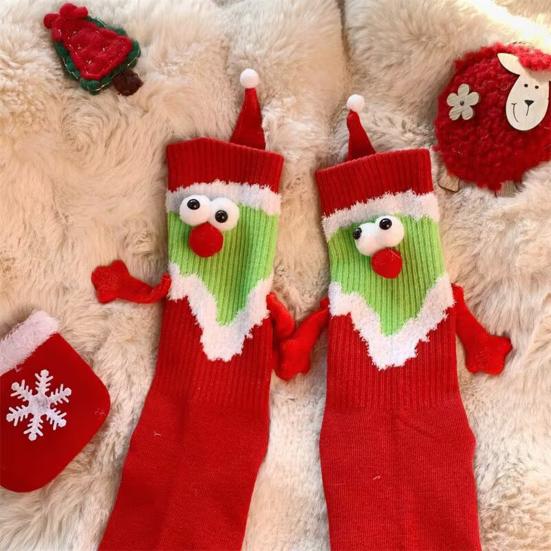 1 Pair Christmas Couple Socks Magnetic Hands Cartoon Deer Snowman Design Long Socks Soft Breathable Xmas Socks