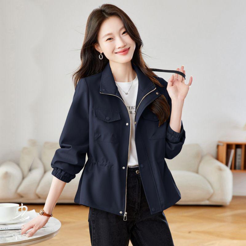 

Женское место! Приталенное короткое тренч-пальто для миниатюрных женщин с воротником-стойкой для весны и осени Medium синий