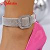 Aphixta Silvery Crystals 10cm Stiletto Heels Pumps 2cm All Crystals Strap Belt Buckle Pointed Toe Decor Big Size Available 48-53