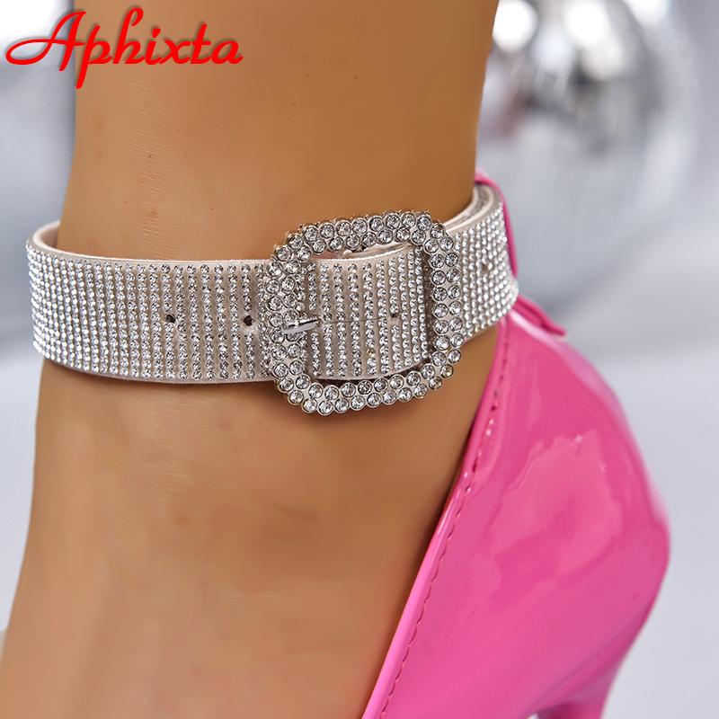 Aphixta Silvery Crystals 10cm Stiletto Heels Pumps 2cm All Crystals Strap Belt Buckle Pointed Toe Decor Big Size Available 48-53