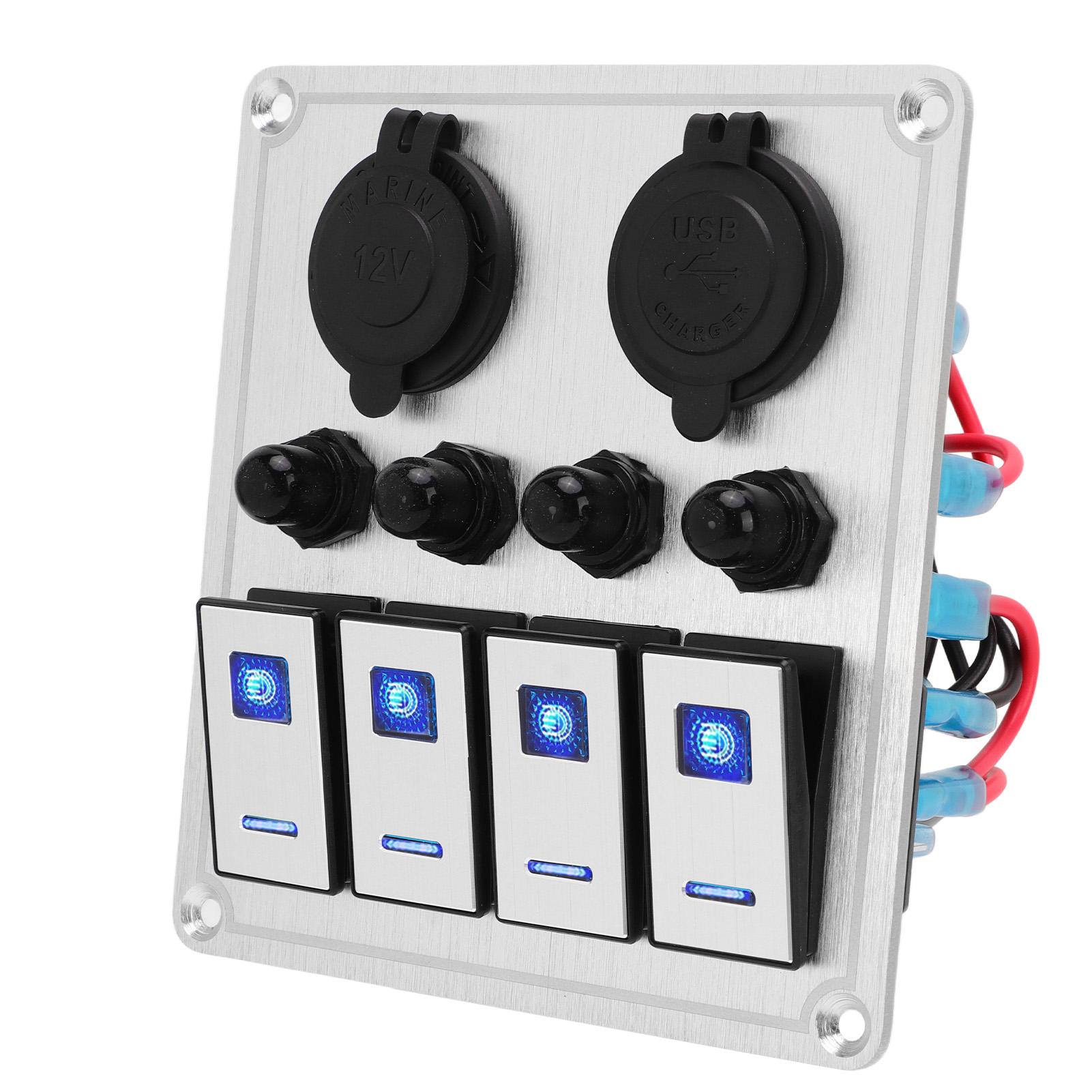 4 Gang Rocker Switch Panel Waterproof Marine Boat Toggle Switch Panel Silver Oxide On Off with Double Blue Light