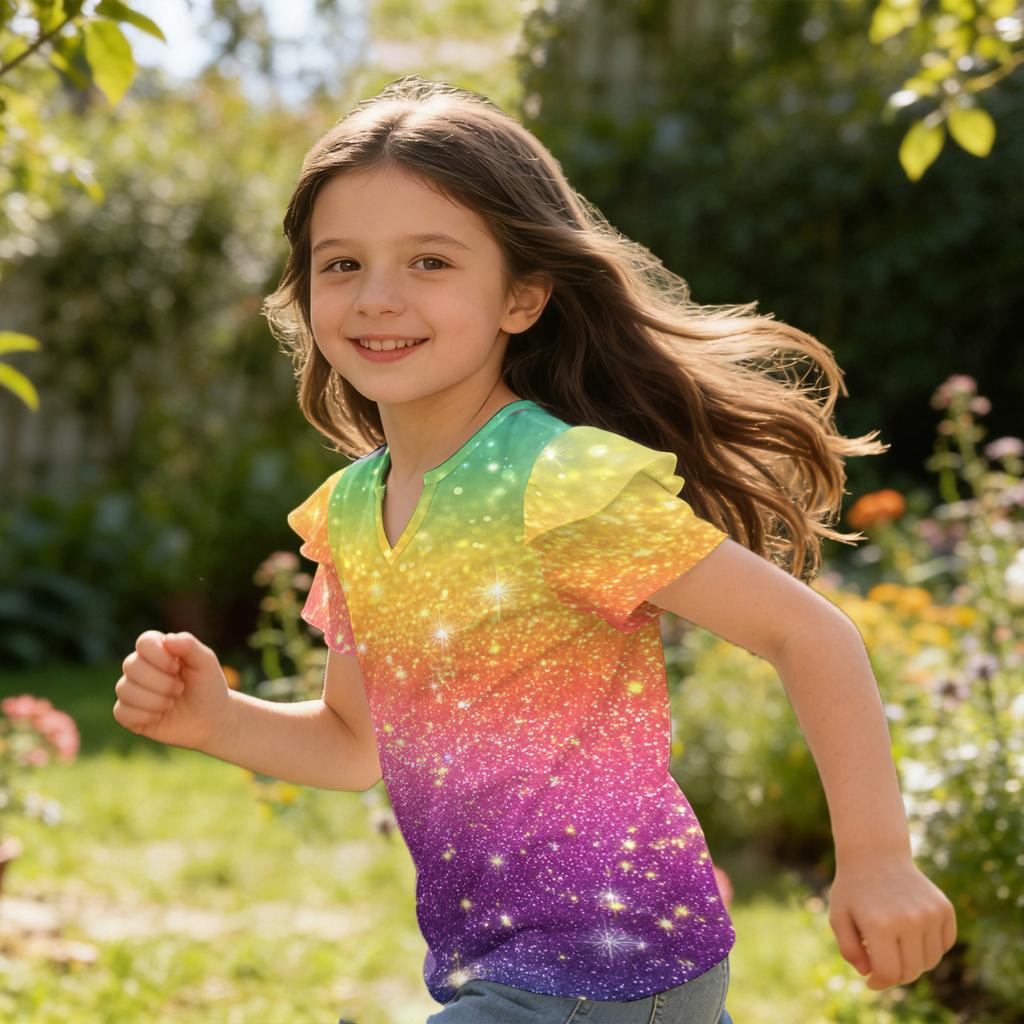 Girls V Neck Short Sleeve T Shirt Casual Top with Ruffle Sleeve and Sequin Print Lightweight Summer Blouse for Kids