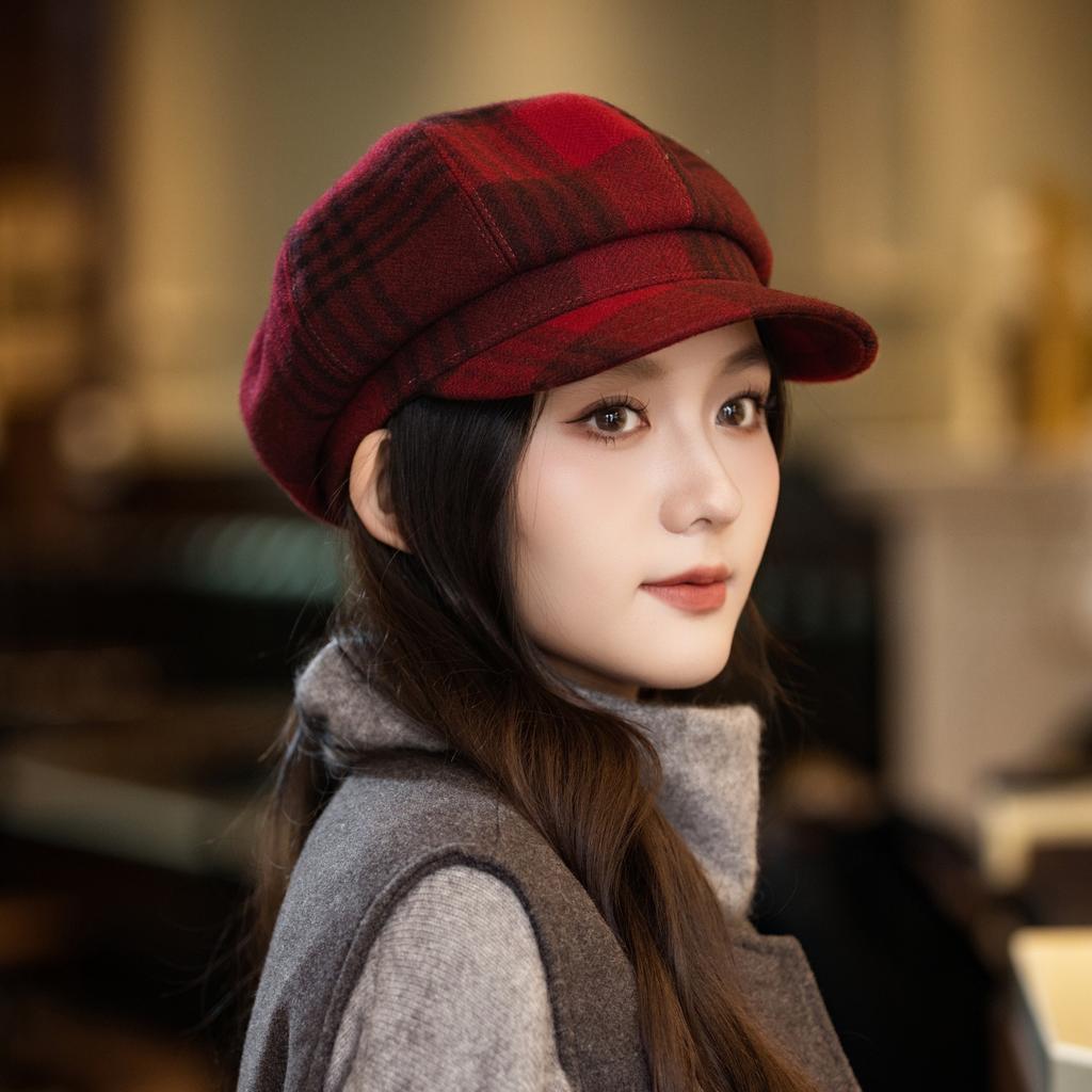Big head circumference octagonal hat women's face small beret autumn and winter plaid newsboy hat brown cap