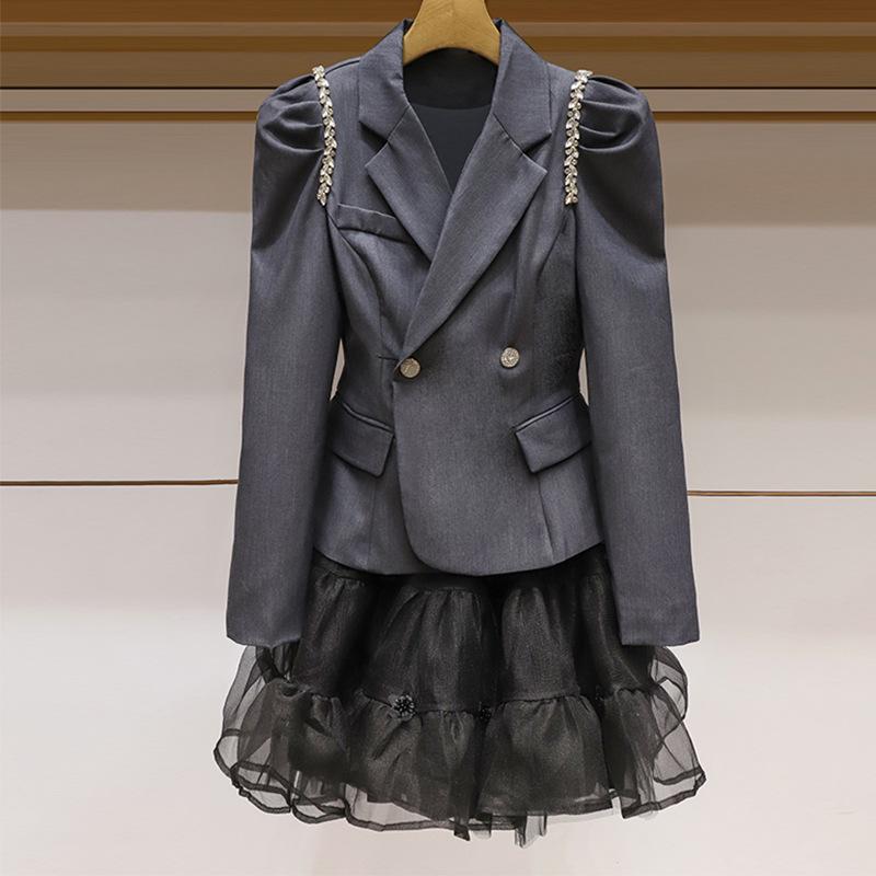 Women's French-Style Black Two-Piece Suit: Lapel Jacket & Skirt with Heavy Diamond Detailing