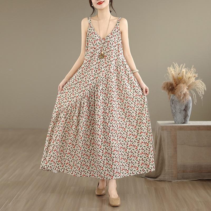 Sleeveless Strap Cotton Vintage Floral New in Dresses For Women Casual Loose Long Summer Dress Elegant Clothing