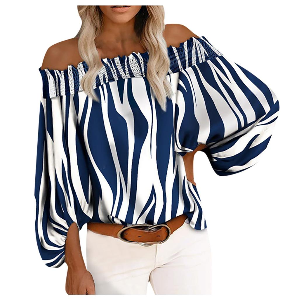 Women's Casual Striped Print Sexy One-Shoulder Long-sleeved Chiffon Shirt
