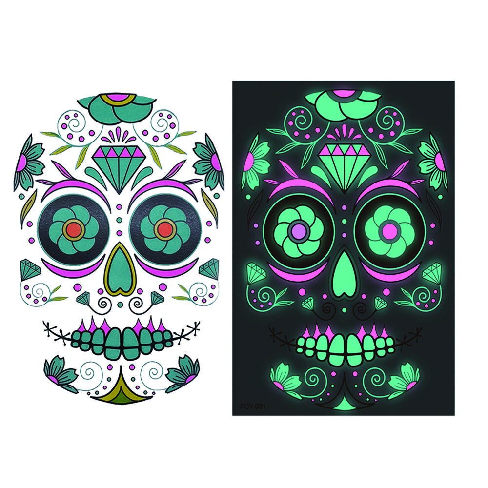 Funny Halloween Luminous Tattoo Sticker, 2/4pcs Glow in Dark Sugar Skull Face Stickers for Face Tattoos Waterproof Facial Party