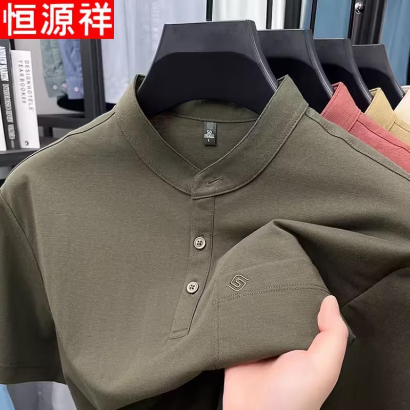 Hengyuanxiang Men s Cotton-Linen Blend Stand Collar T-Shirt M