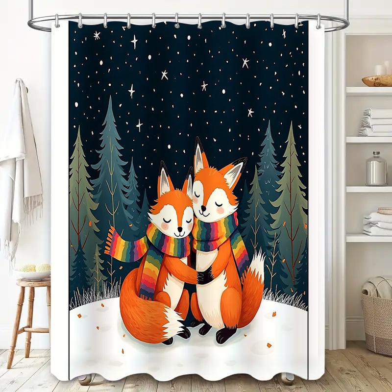 Füchse Winterwald Duschvorhang Waldtier Natur Dekor Badezimmer Set Gemütliche Wohnatmosphäre Rustikaler Bauernhausstil Geschenk