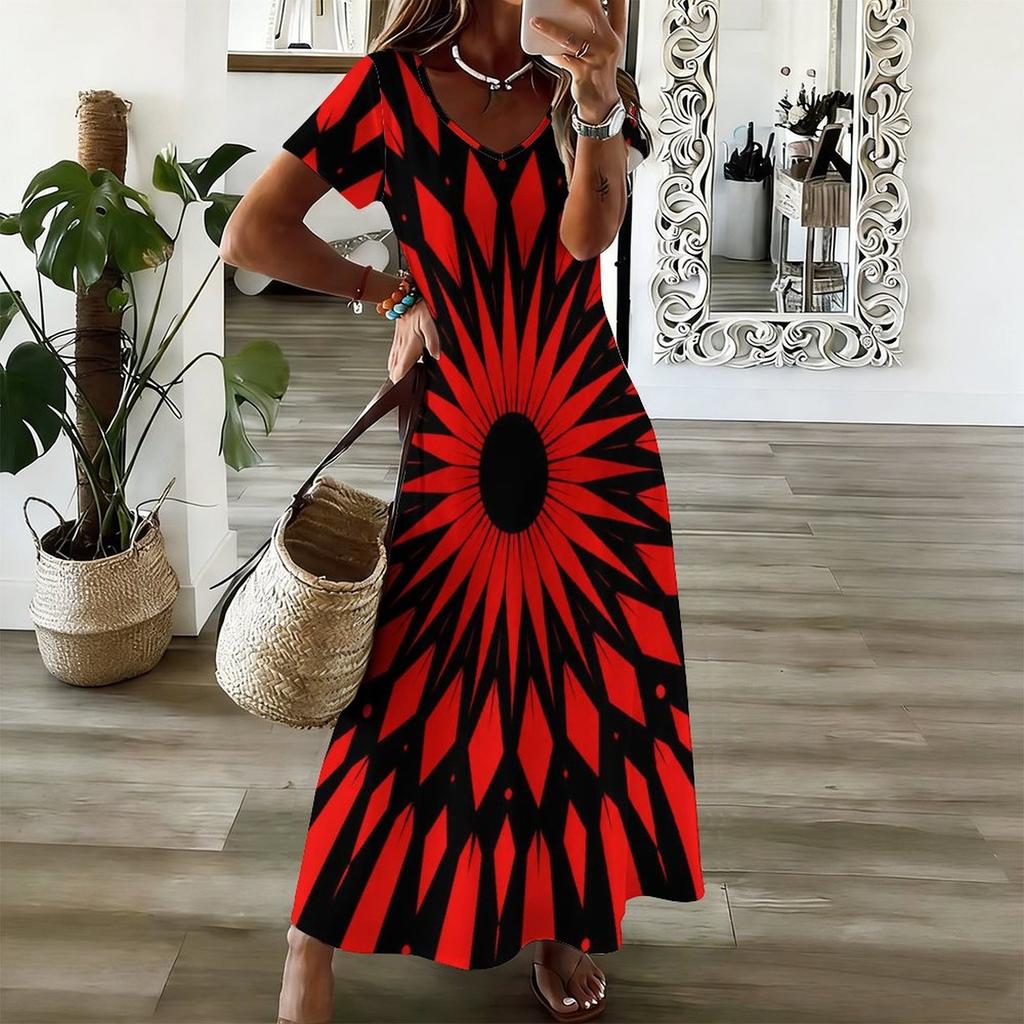 Women Plus Size V Neck Short Sleeve Printed Long Maxi Dress